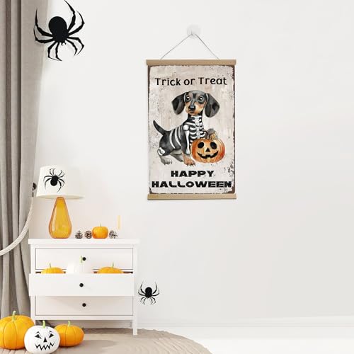 Halloween Trick or Treat Dachshund and Pumpkin Yard Sign - Vintage Wall Art Prints 12x16