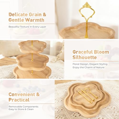 DUJUST 3-Tier Wooden Cupcake Stand Flower-Inspired Serving Tray - 3 Tier