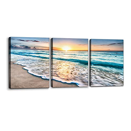 Beach Canvas Wall Art Set - 3 Panels Seascape Sunset Coastal Decor - 12x16 Inches Each - Ready to Hang