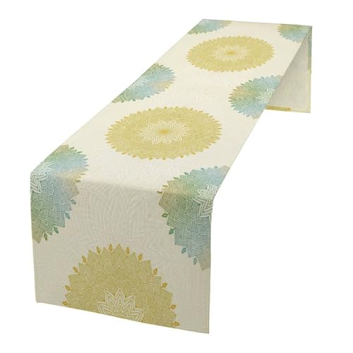 Mandala Flower Table Runner - Rustic Faux Linen Cotton Decor, 13x36in - Variation W13"x L36" Mandalateal-12