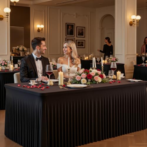 8ft Black Spandex Fitted Table Cover 4 Pack - Wrinkle-Free, Elastic Tablecloth with Skirt for Events