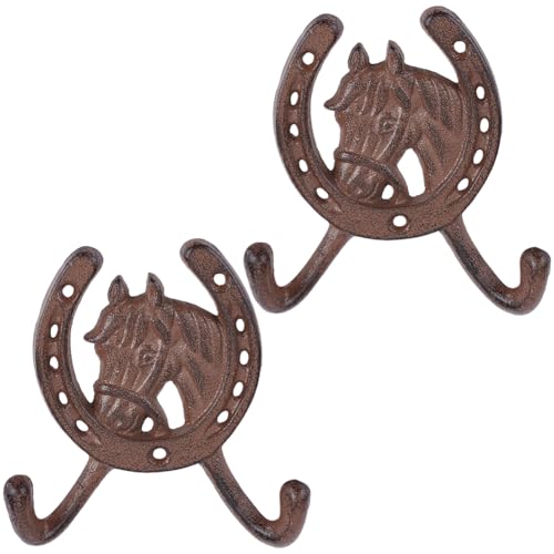 Western Horse Shoe Shaped Double Wall Hooks Rustic Cast Iron Hangers - Red Copper