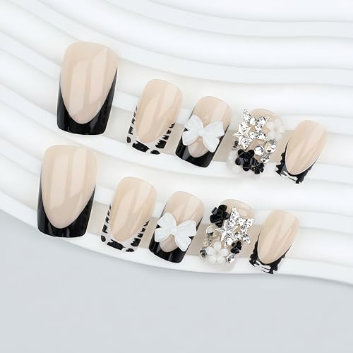 French Tip Press On Nails Short Square with Bow Star Charms Zebra Print Black & White 24Pcs