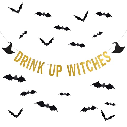 Halloween Banner with Bat Stickers - Gold Drink Up Party Decorations Indoor