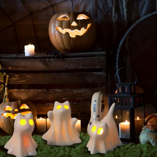 Halloween Ceramic Ghost Cat Candle Holders Set - Spooky Decor for Mantels & Tables