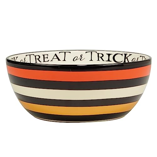 Halloween Deep Ceramic Serving Bowl - 110 oz with Colorful Stripes & 'Trick or Treat' Rim