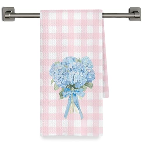 Hydrangea Floral Kitchen Towels - Pink & White Checkered Hand Dish Towels, 16x24 Inch, Variation 1