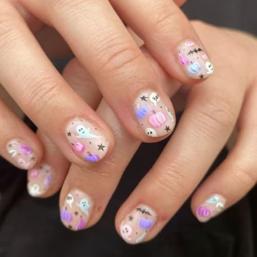 Halloween Short Square Fake Nails Kit with Pumpkin Bat & Star Designs - 24Pcs Variation HF14