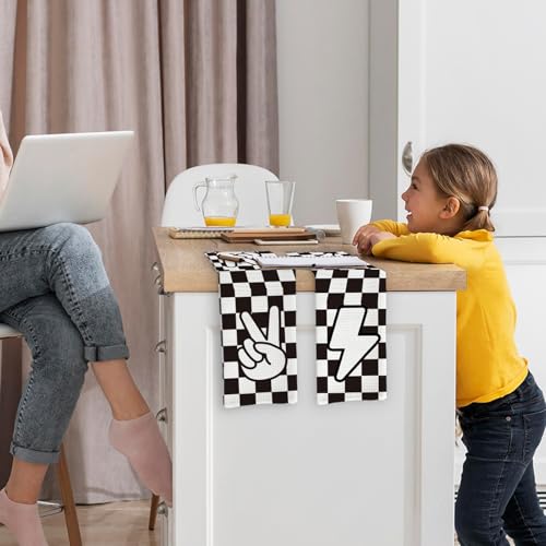 Yee Lightning Checkered Kitchen Towels Set of 2 - Black and White Checkered Dishcloths - Kitchen & Bathroom Decor