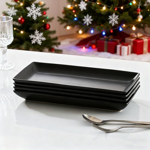 Black Porcelain Serving Platters Set of 4 - 14 Inch Rectangular Dinnerware