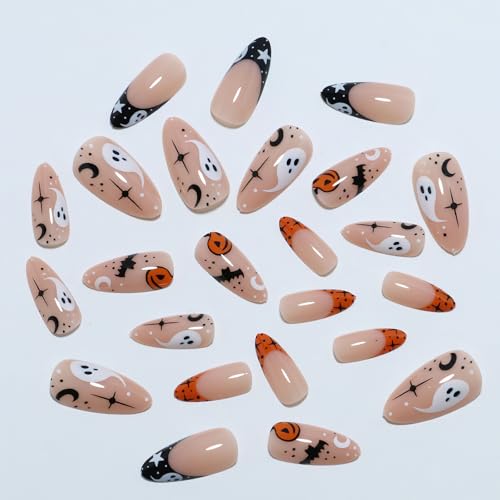 Halloween French Tip Press On Nails - Medium Almond Glitter Pumpkin Ghost Bat Design - 8-Cute Spooky Bat Variation