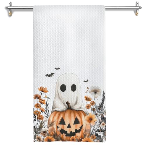 Halloween Pumpkin Kitchen Towels - Fall Floral Autumn Dish Hand Towel - 16x24 Inches - Rustic Decor - Halloween Pumpkin Variation