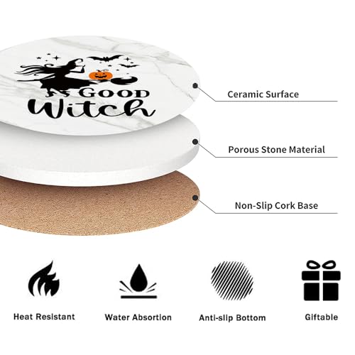 Halloween Round Absorbent Coasters Set of 6 with Holder - White Marble Pumpkin Pattern
