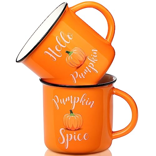 Pumpkin Mugs Set of 2 - 14 oz Ceramic Fall Coffee Cups for Halloween Thanksgiving