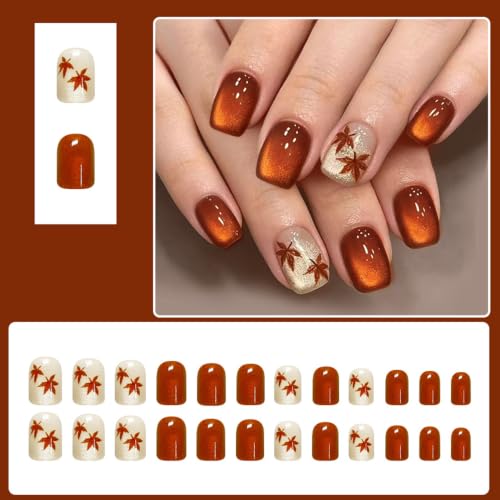 Halloween Thanksgiving Short Square Press-On Nails with Cat's Eye Maple Leaves - 24Pcs Design H01