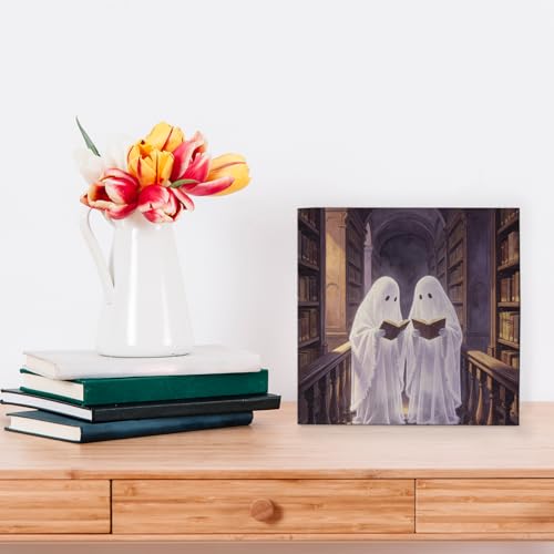 Ghost Library Wooden Sign - Halloween Book Decor for Home & Library - 5x5 Inch