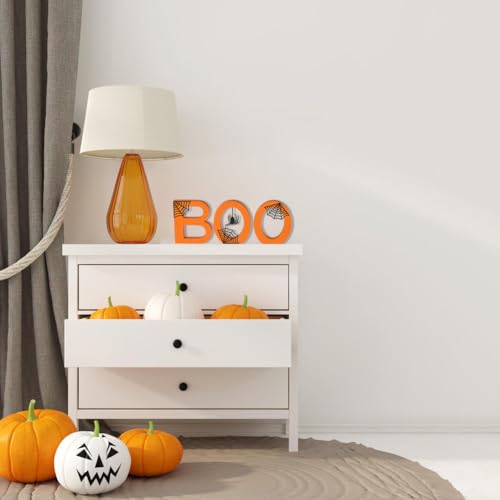 Ovootok Boo Halloween Sign - 3PC Wooden Indoor Decor with Spiderwebs & Spider - Festive Table Centerpiece - Variation: Boo