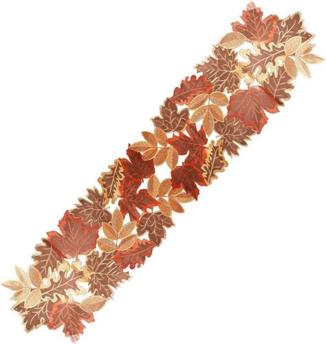 Autumn Fall Embroidered Leaves Table Runner 13x70 Inch for Thanksgiving Halloween Dining Decor