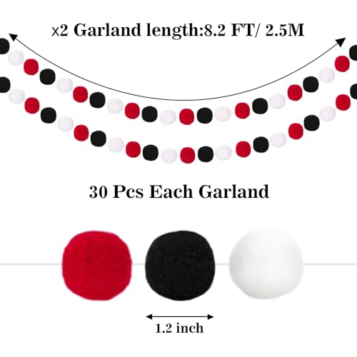 Colorful Felt Ball Garland 2 Pcs - Black White Red Halloween Decor, 8.2ft
