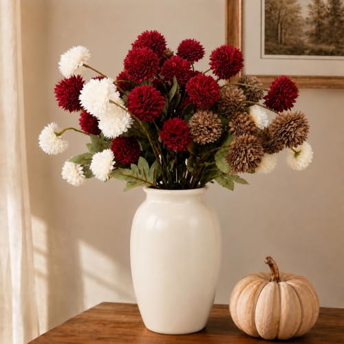 Artificial Fall Chrysanthemum Flowers Set - Burgundy, Cream White & Brown 12 Bundles