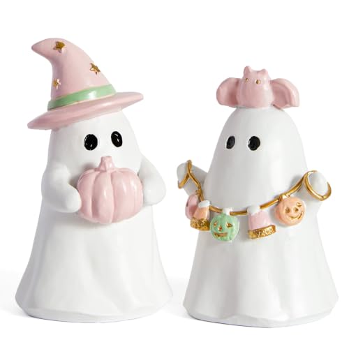 Pink & White Ghost Halloween Decor Set - Indoor Resin Figurines for Home