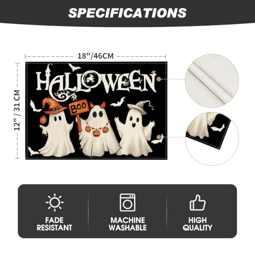 Halloween Ghost Boo Placemats Set of 6 - 12x18 Inch Rectangular Black