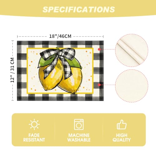 Buffalo Plaid Lemon Placemats Set of 4 - 12x18 Inch Rustic Washable Table Mats Black & White