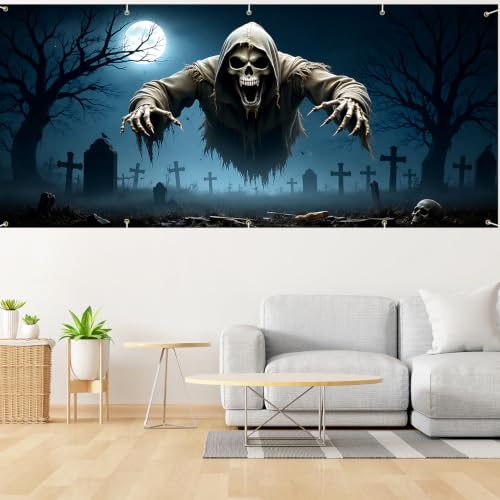 Halloween Garage Door Banner Cover - Cemetery Ghosts 7 x 16 FT Outdoor Decor - Spooky Party Supplies