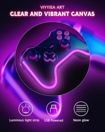 Neon Game Controller Wall Art with LED Glow - Purple/Blue Cyberpunk Decor for Gaming Rooms & Bedrooms - 20L x 16W - Black Frame Variation