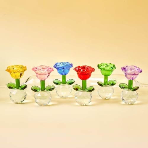 Glass Flower Figurines Set - Colorful Crystal Roses, 6 Pieces, Mix