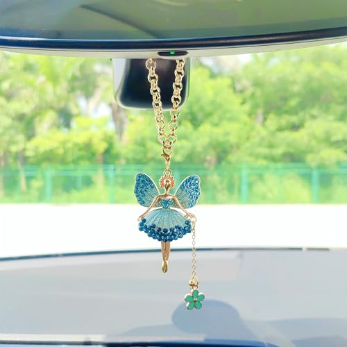 Fairy Blue Sparkling Car Decoration for Women Interior Bling Rearview Mirror Accessory