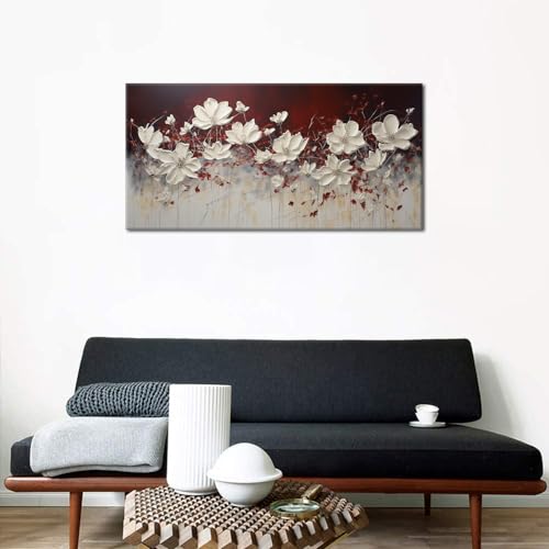 Wall Art Canvas - White Flowers on Red Background, 20x40 Inches - Frame Included (H050)