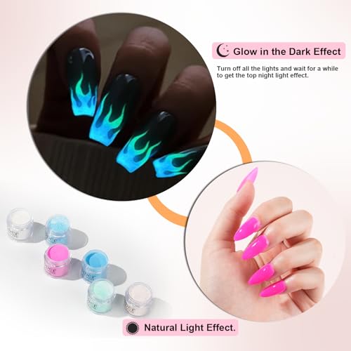 Glow in Dark Dip Powder Nail Set - 6 Colors, Long-Lasting, No Lamp Needed