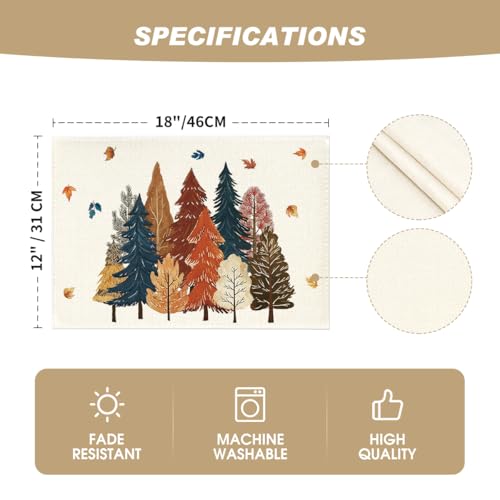 12 x 18 Inch Fall Leaves Placemats Set of 4 - Beige, Rectangular, Durable Polyester
