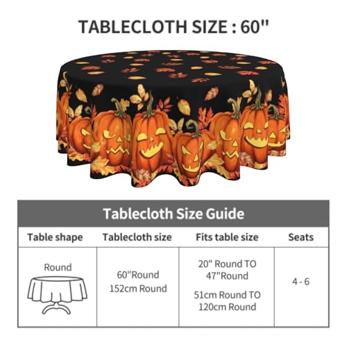 Halloween Round Tablecloth 60 Inch Spooky Pumpkin Leaves Water-Resistant Decor