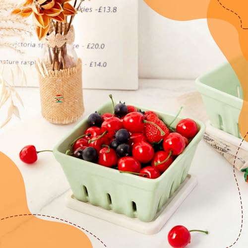 LemonRoad Ceramic Berry Basket with Coaster Lid - Light Green Farmhouse Style