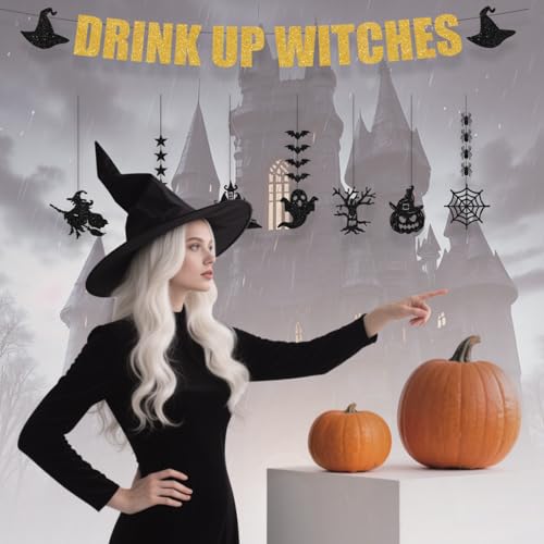 Gold Drink Up Witches Halloween Banner Garland - Pre-Strung Gothic Party Decor