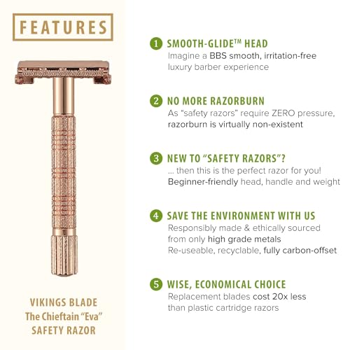VIKINGS BLADE Safety Razor for Women + 5 Swedish Steel Blades. Quick Release Head, Double Edge. Smooth, Reusable, Recyclable (Model: Eva)