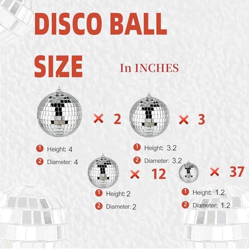 54PCS Disco Ball Decorations Set with Elastic Thread - 4 Inch, 3.2 Inch, 2 Inch, 1.2 Inch