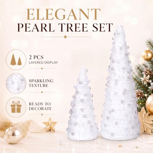 Pearl Mini Christmas Tree Set - 2 Sizes, Elegant Holiday Tabletop Decor - Pearl & Champagne Variation