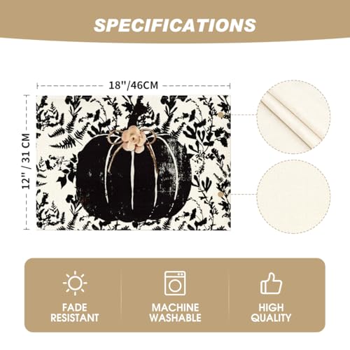 Black Pumpkin Fall Placemats Set of 4 - 12 x 18 Inches Rectangular