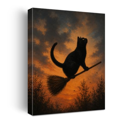Halloween Wall Art Framed Canvas Print Black Cat Broom - Variation of THIS listing
