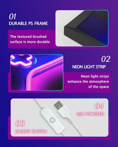 Neon Game Controller Wall Art with LED Glow - Purple/Blue Cyberpunk Decor for Gaming Rooms & Bedrooms - 20L x 16W - Black Frame Variation