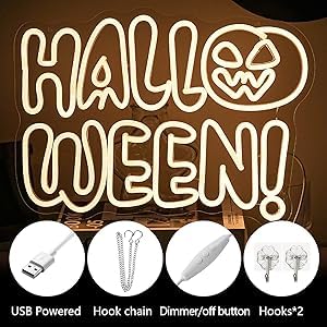 White Halloween Neon Sign for Wall Decor - Pumpkin Letter LED Light for Shop & Bedroom - 16.9x12.3 Inches - Safe & Energy Efficient