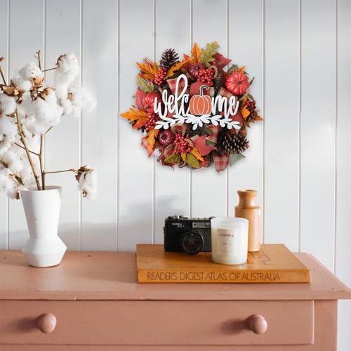Fall Artificial Maple Leaf Mesh Wreath with Pumpkin and Welcome Sign - Front Door Decor