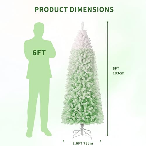 6Ft Slim Artificial Christmas Tree with Pink Green Gradient Flocked Branches - Space-Saving Holiday Decor