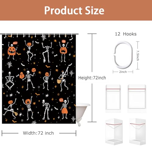 Funny Gothic Halloween Shower Curtain - Skeleton, Pumpkins, Black & White, Waterproof, 72x72 Inches with 12 Hooks - Kids Bathroom Decor