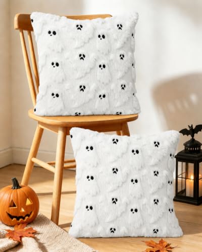 Halloween Faux Rabbit Fur Pillow Covers 18x18 - Ghost & Boo Design, Pack of 2 - Ghost White Variation