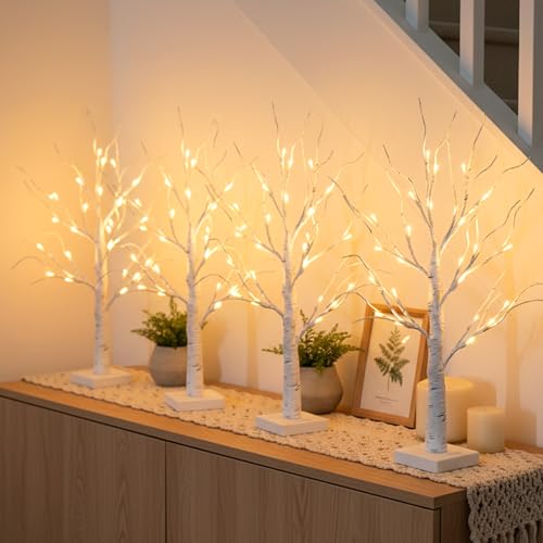 4 Pack Lighted Birch Tree Decorations - 2 Ft Indoor LED Tabletop Trees with Timer