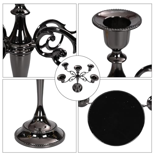Black 5-Arm Metal Candelabra - 10.2 Inch Tall Candle Holders, Glossy Finish